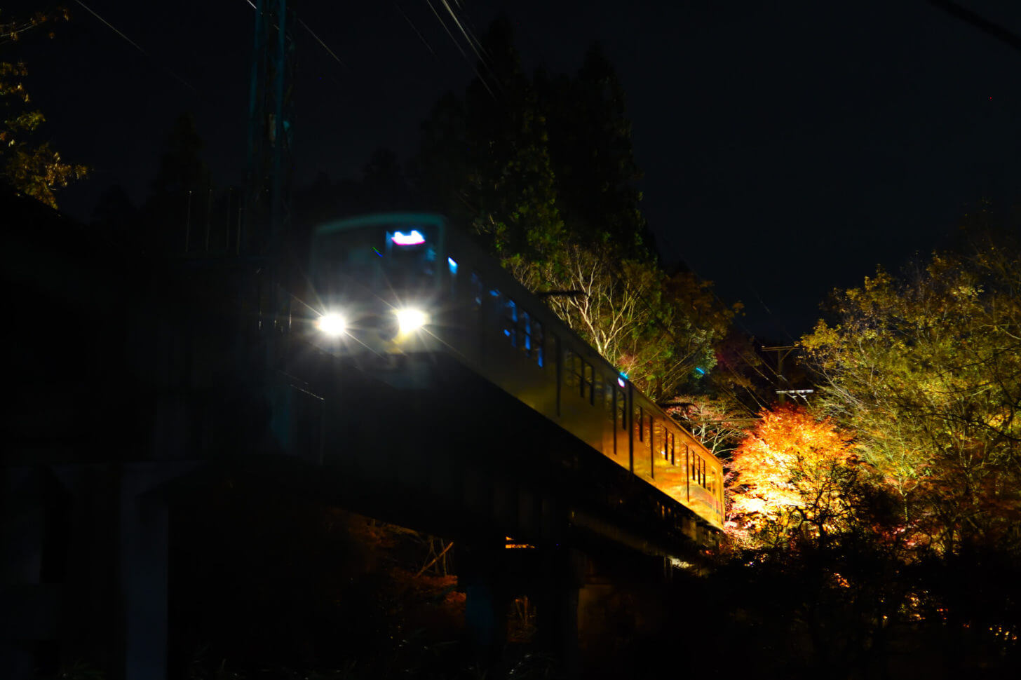 もみじのトンネル北側の鉄橋を走る叡山電車